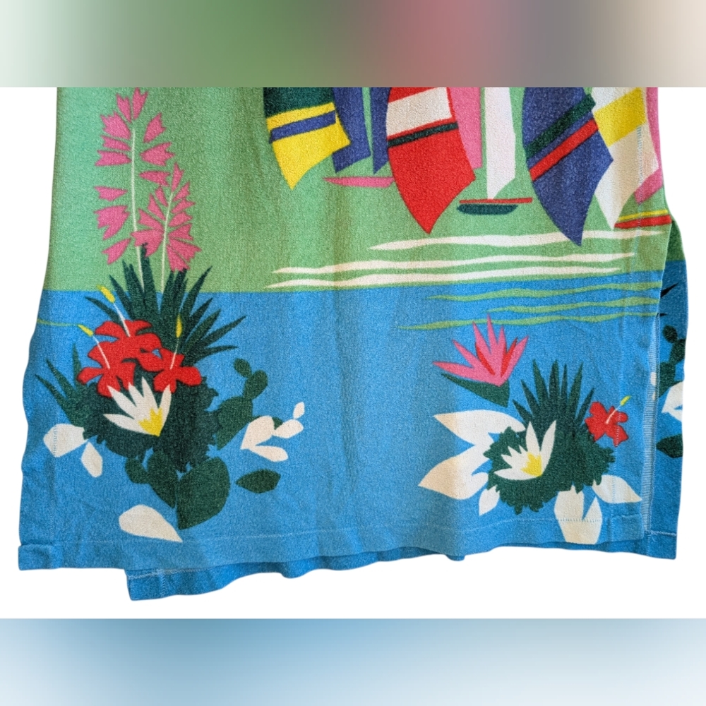 Vintage Terry Cloth Swim Cover Up Hostess Maxi Dress Sailboat Beach Tropical - Picture 2 of 5